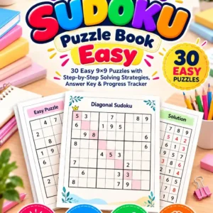 Diagonal Sudoku Easy Puzzle Book cover with 30 easy 9×9 puzzles, answer key, solving strategies, and progress tracker