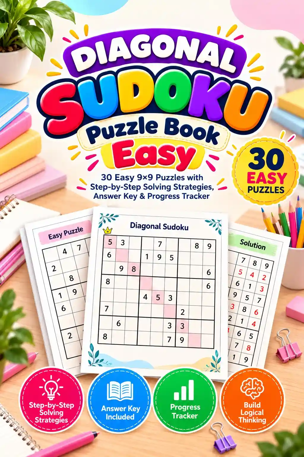 Diagonal Sudoku Puzzle Book: 30 Easy 9×9 Puzzles with Step-by-Step Solving Strategies, Answer Key & Progress Tracker 1 Diagonal Sudoku Easy Puzzle Book cover with 30 easy 9×9 puzzles, answer key, solving strategies, and progress tracker
