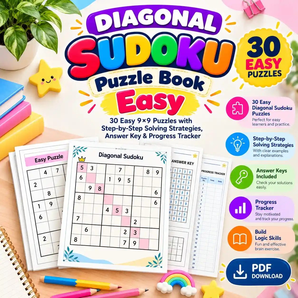 Diagonal Sudoku Puzzle Book: 30 Easy 9×9 Puzzles with Step-by-Step Solving Strategies, Answer Key & Progress Tracker 4 Diagonal Sudoku Puzzle Book: 30 Easy 9×9 Puzzles with Step-by-Step Solving Strategies, Answer Key & Progress Tracker - Image 4