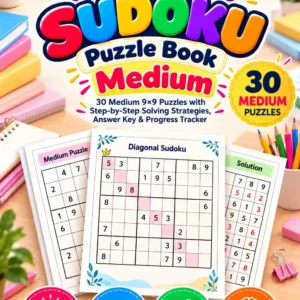 Medium Diagonal Sudoku Puzzle Book cover featuring 30 medium 9×9 Sudoku puzzles, solving strategies, answer key, and progress tracker
