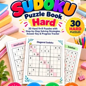 Hard Diagonal Sudoku Puzzle Book cover featuring 30 challenging 9×9 Sudoku puzzles, solving strategies, answer key, and progress tracker