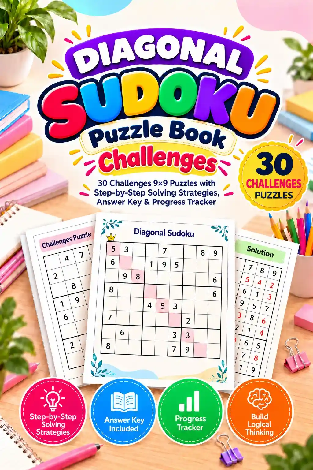 Diagonal Sudoku Puzzle Book: 30 Challenging 9×9 Puzzles with Advanced Solving Strategies, Answer Key & Progress Tracker 1 Challenge-Level Diagonal Sudoku Puzzle Book with 30 challenging puzzles