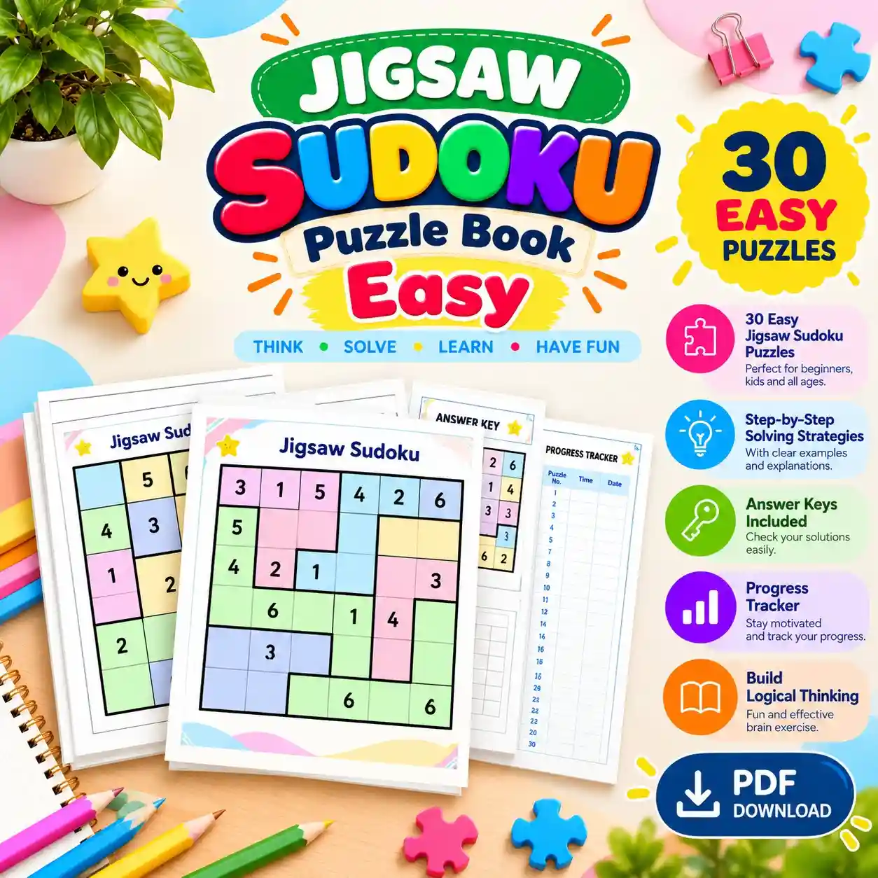 Jigsaw Sudoku Puzzle Book - Easy Level: 30 Puzzles, Step-by-Step Solving Strategies, Answer Key & Progress Tracker 4 Jigsaw Sudoku Puzzle Book - Easy Level: 30 Puzzles, Step-by-Step Solving Strategies, Answer Key & Progress Tracker - Image 4