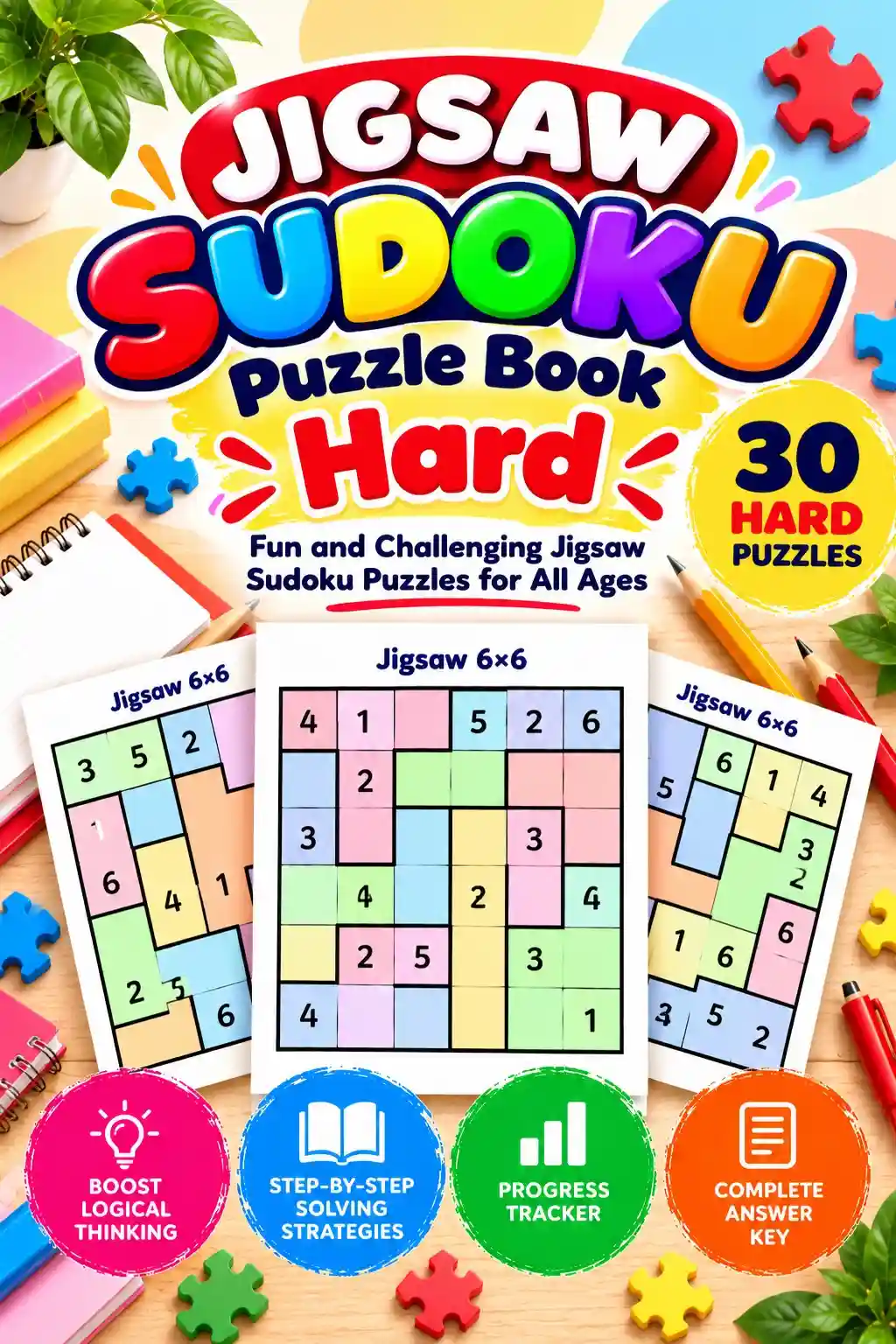 Jigsaw Sudoku Puzzle Book - Hard Level: 30 Puzzles, Step-by-Step Solving Strategies, Answer Key & Progress Tracker 1 Hard Jigsaw Sudoku Puzzle Book with 30 Hard Puzzles and Answers