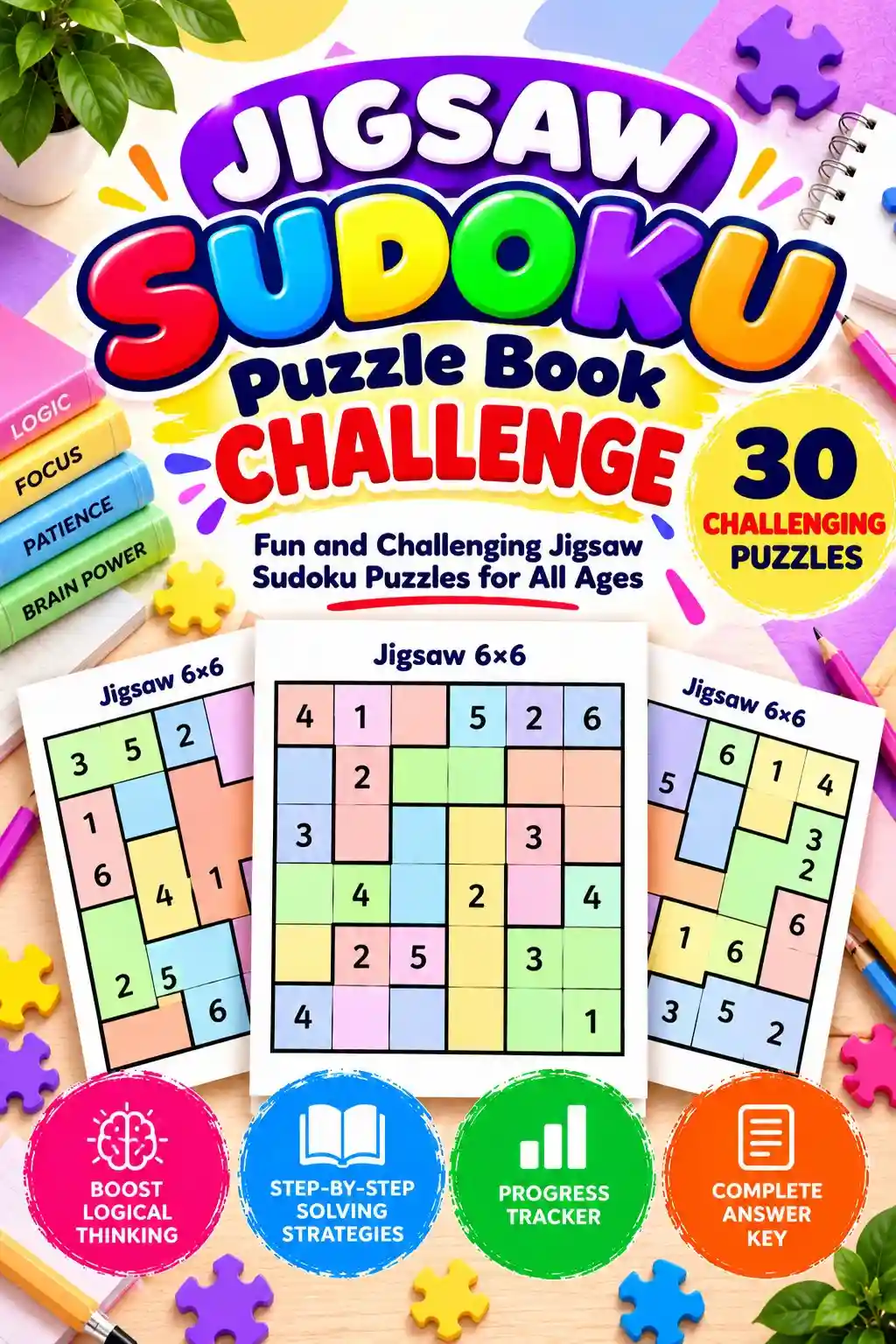 Jigsaw Sudoku Puzzle Book - Challenge Level: 30 Puzzles, Step-by-Step Solving Strategies, Answer Key & Progress Tracker 1 Challenge Jigsaw Sudoku Puzzle Book with 30 Challenging Puzzles and Answers