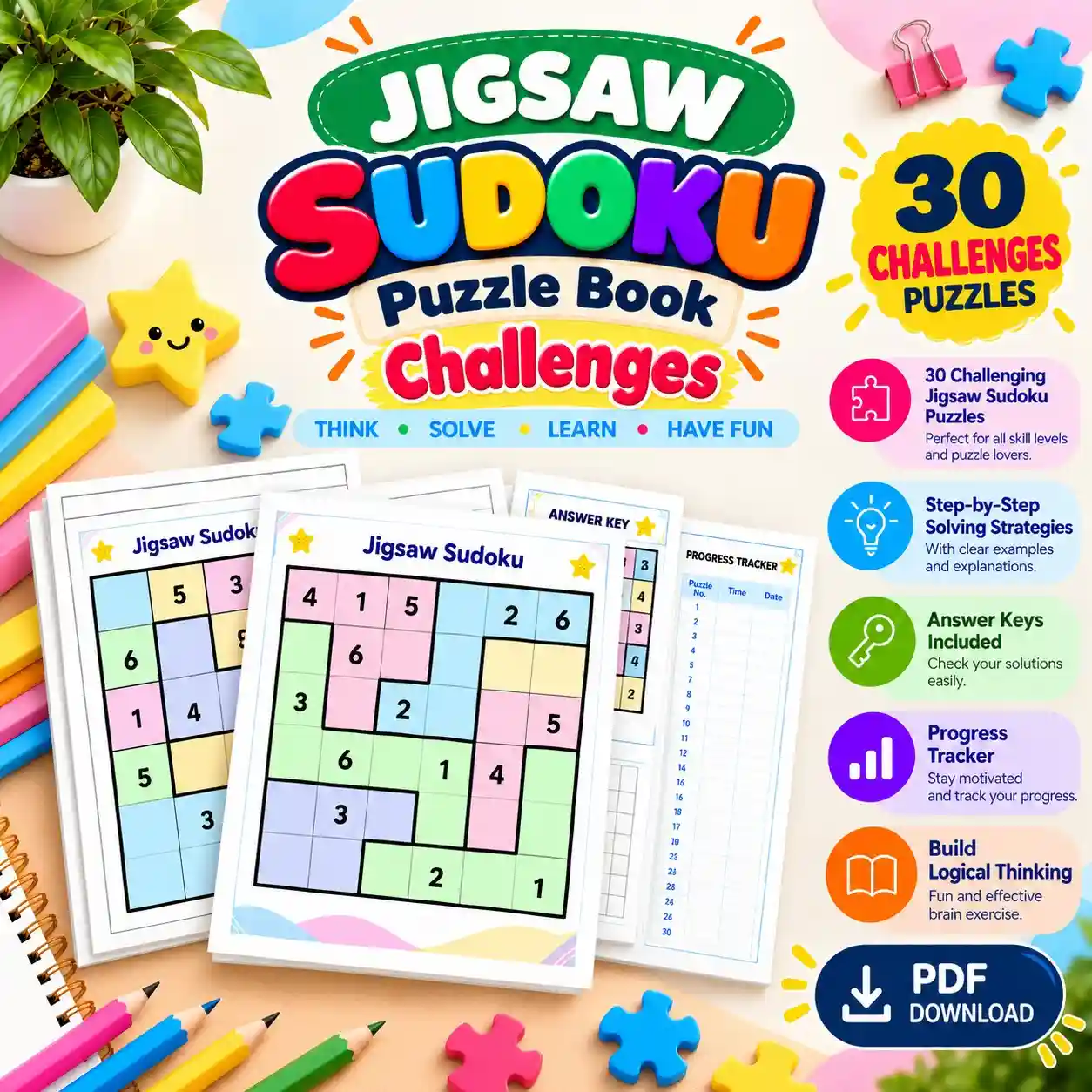 Jigsaw Sudoku Puzzle Book - Challenge Level: 30 Puzzles, Step-by-Step Solving Strategies, Answer Key & Progress Tracker 4 Jigsaw Sudoku Puzzle Book - Challenge Level: 30 Puzzles, Step-by-Step Solving Strategies, Answer Key & Progress Tracker - Image 4