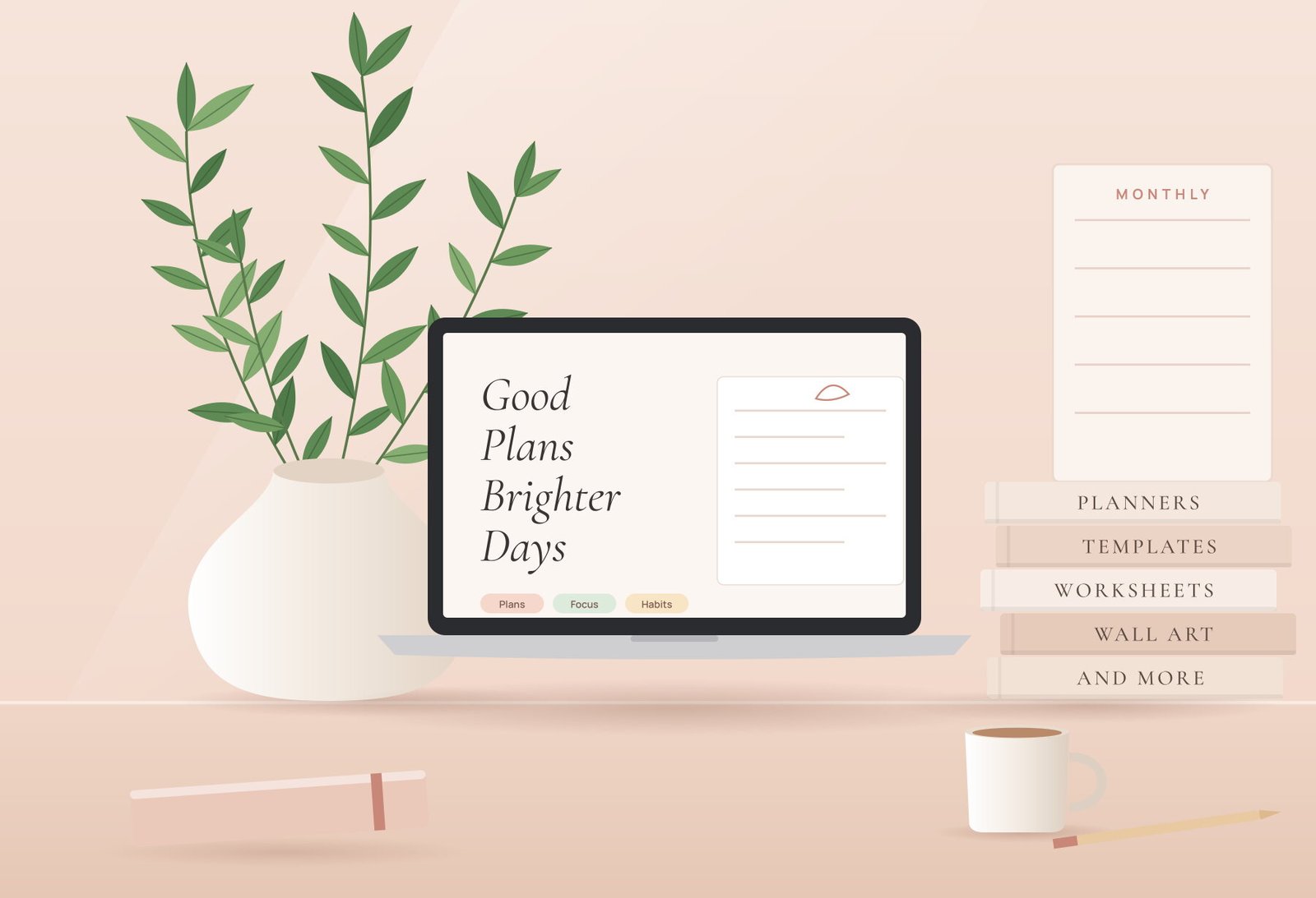 Digital products by CraftLoom: a laptop showing a digital planner on a warm desk with green leaves and books