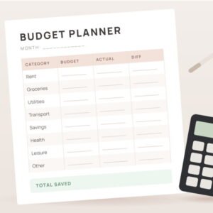 Printable budget planner table next to a calculator
