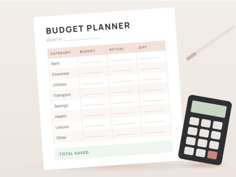 Printable budget planner table next to a calculator
