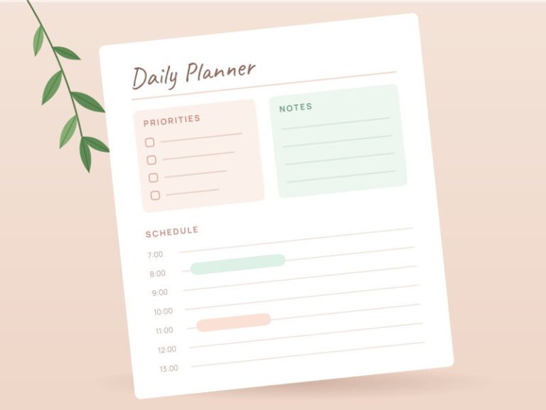 Pastel daily planner page with priorities, notes and schedule