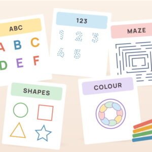 Colourful children's activity sheets with letters, numbers, shapes and a maze