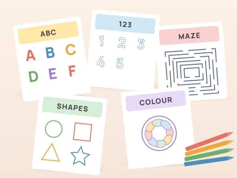 Colourful children's activity sheets with letters, numbers, shapes and a maze