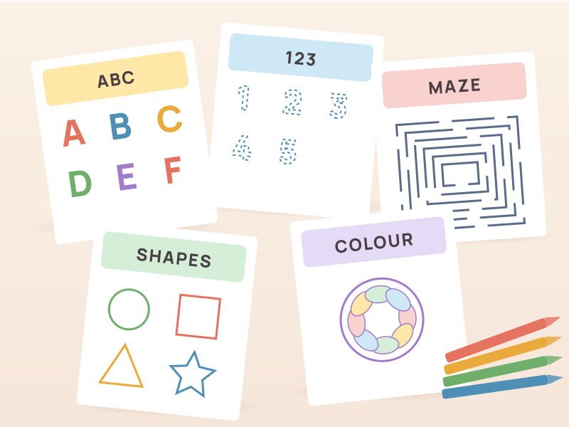 Colourful children's activity sheets with letters, numbers, shapes and a maze